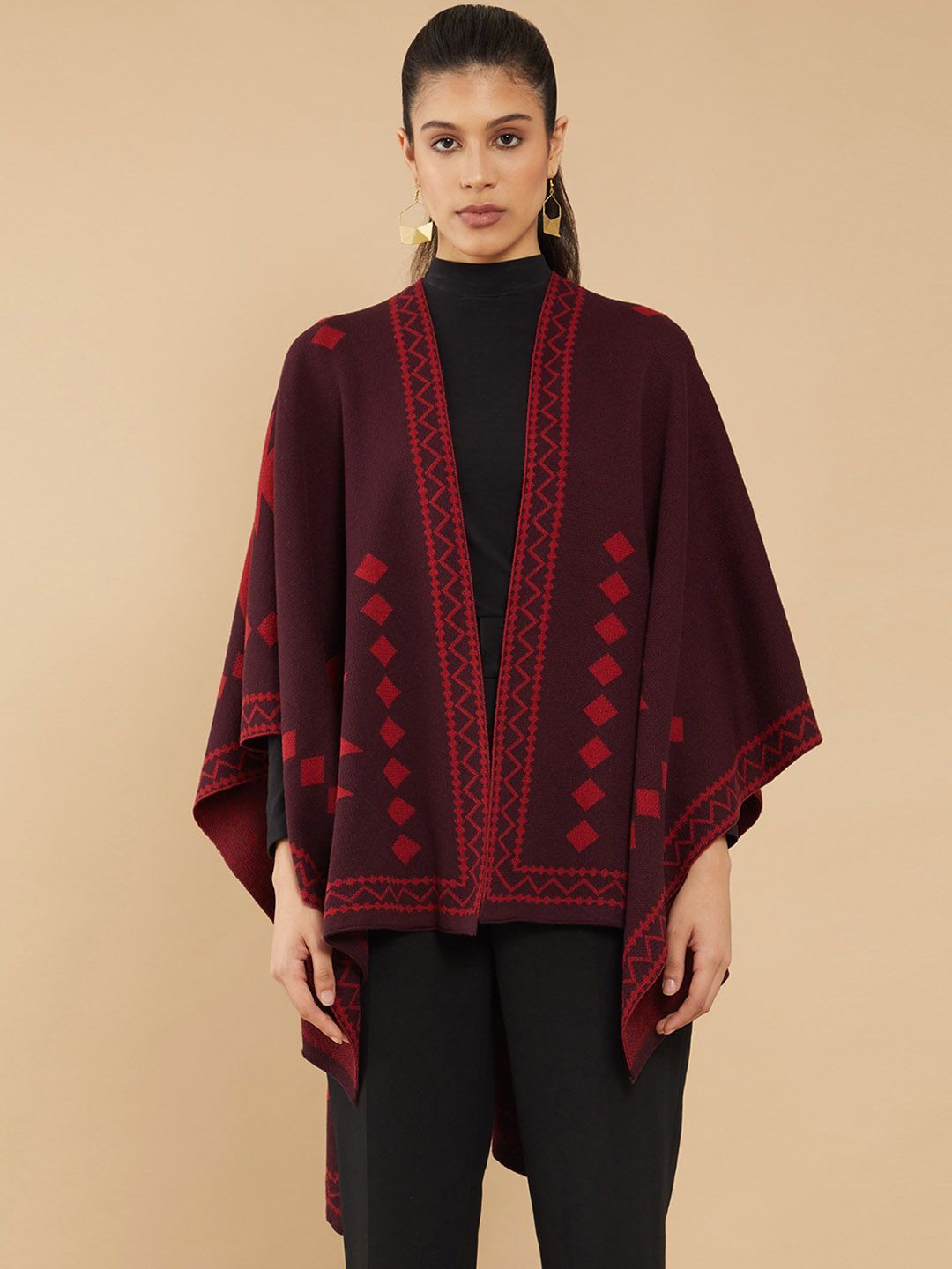 Soch Women Maroon Self Design Geometric Shrug Price in India