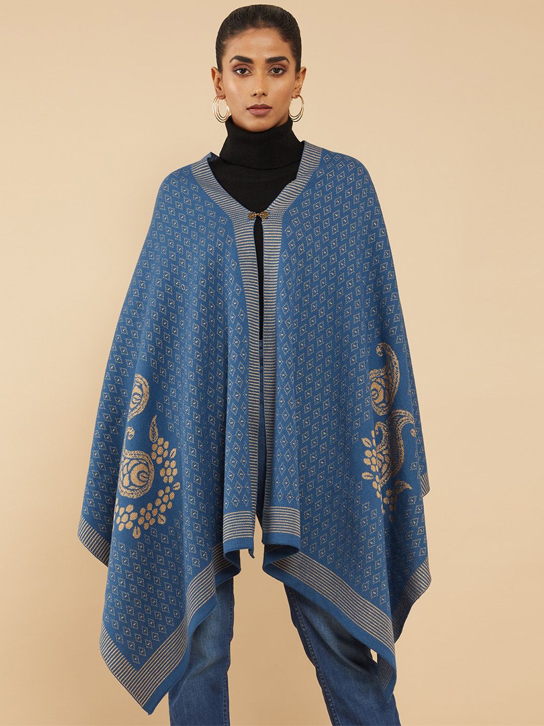 Soch Women Blue Geometric Colourblocked Longline Open Front Jacket with Embroidered Price in India