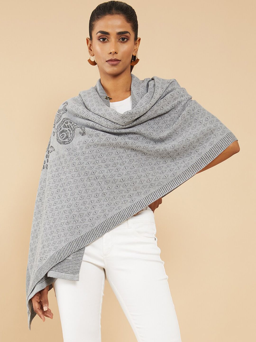 Soch Women Grey Longline Woven Design Shrug Price in India