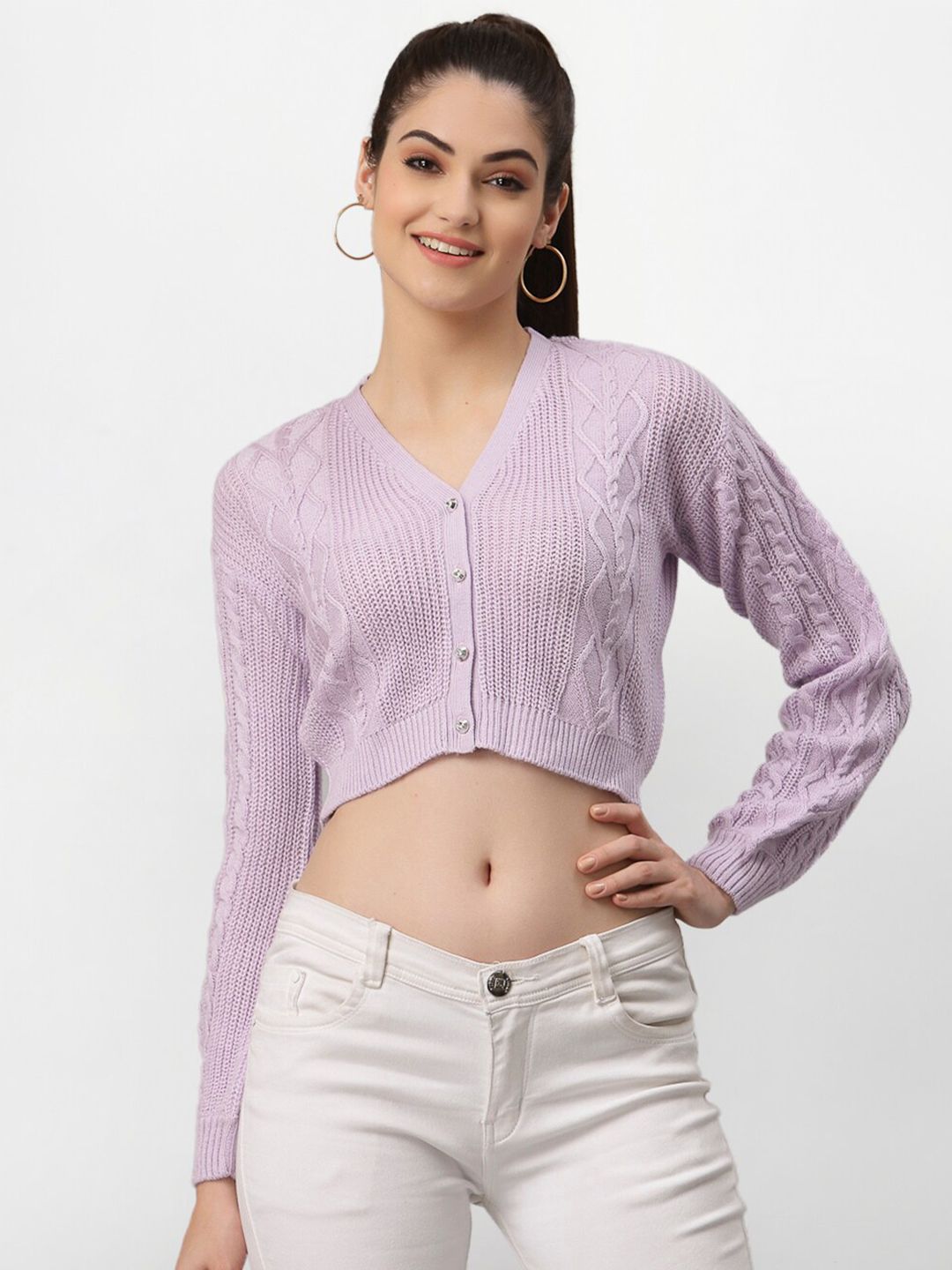 Miramor Women Lavender Cable Knit Crop Cardigan Price in India