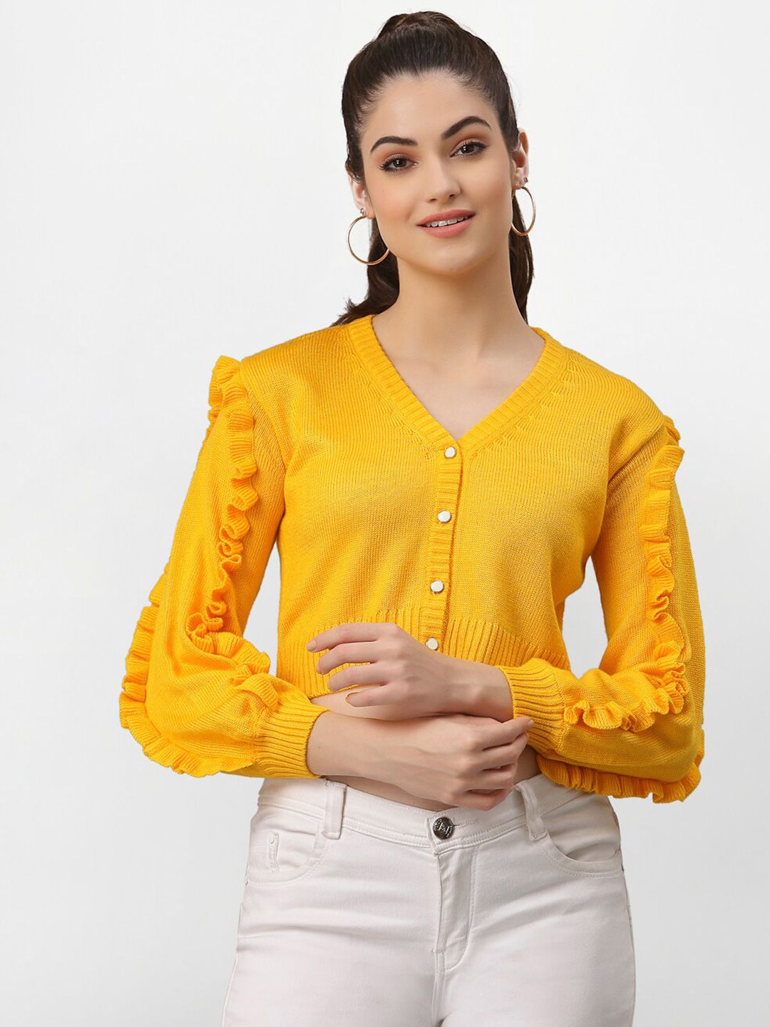 Miramor Women Yellow Acrylic Crop Cardigan Price in India