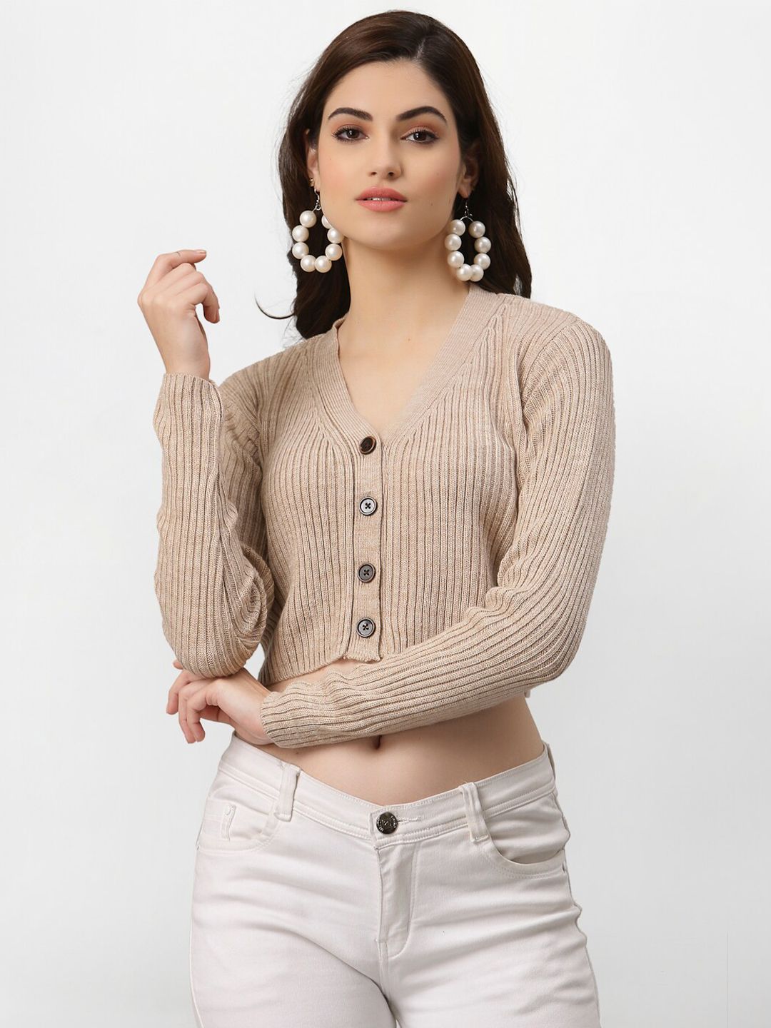 Miramor Women Beige Ribbed Cardigan Price in India