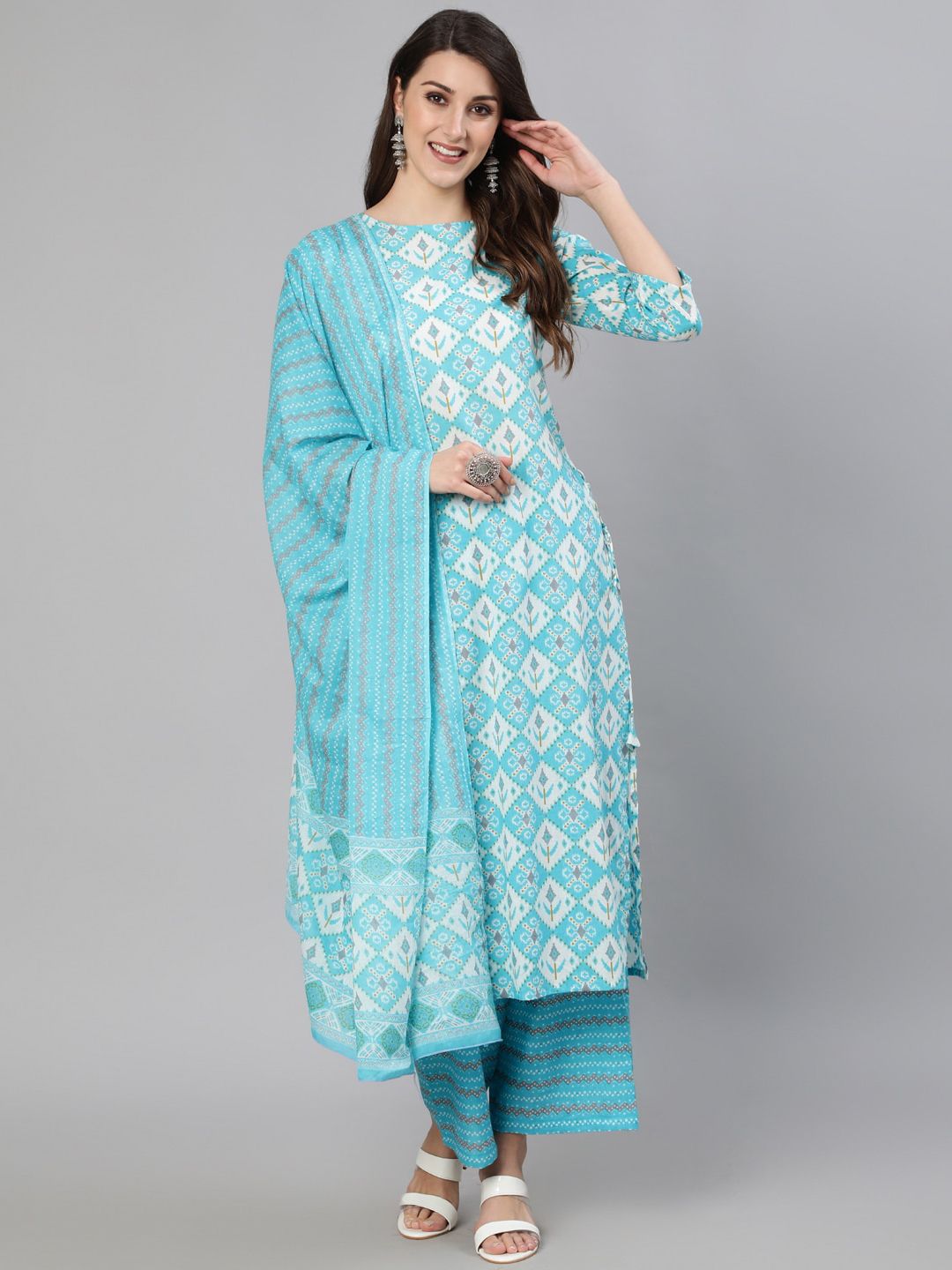 Nayo Women Blue Printed Pure Cotton Kurta with Palazzos & With Dupatta Price in India