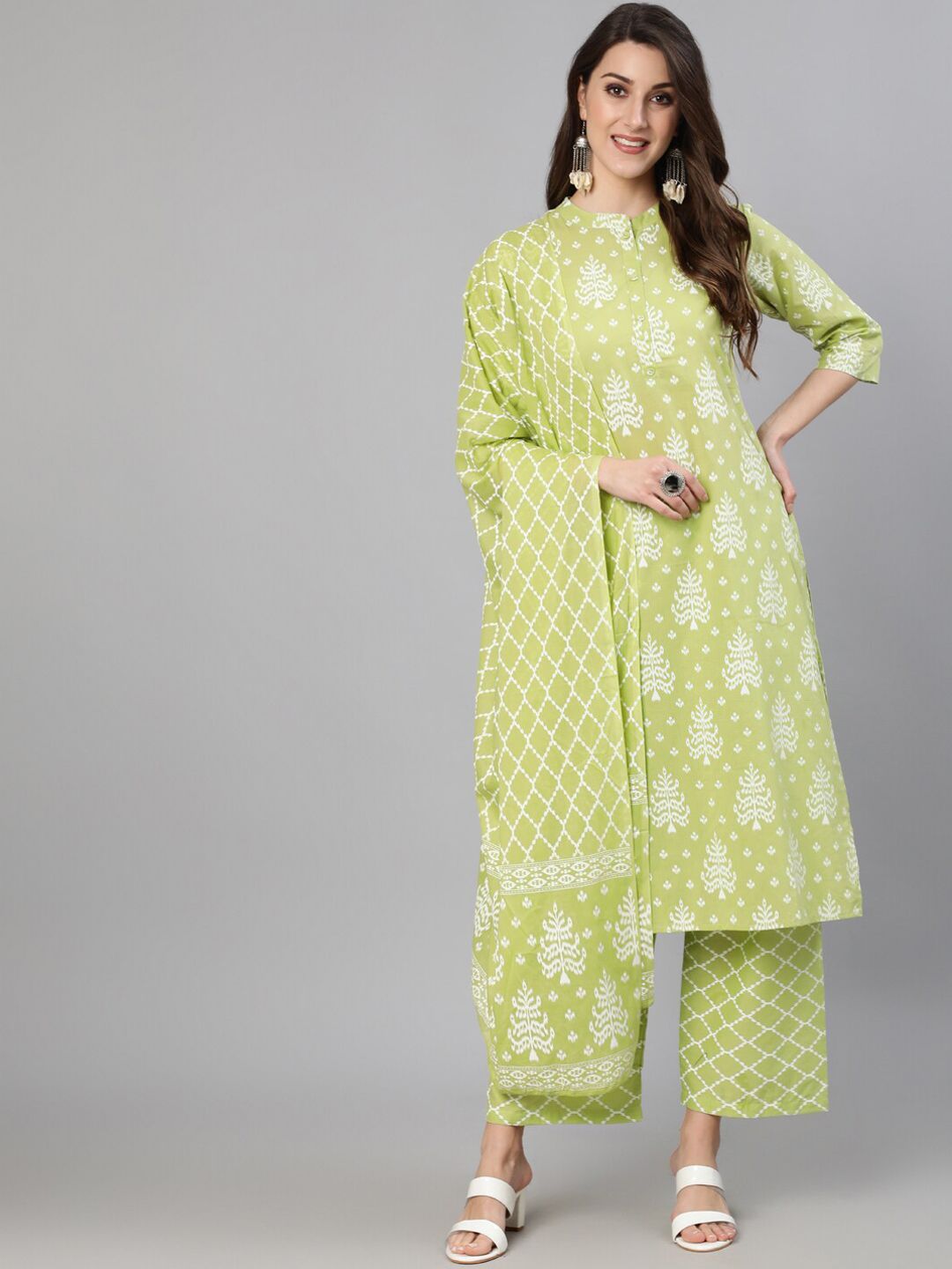 Nayo Women Green Printed Pure Cotton Kurta with Palazzos & With Dupatta Price in India