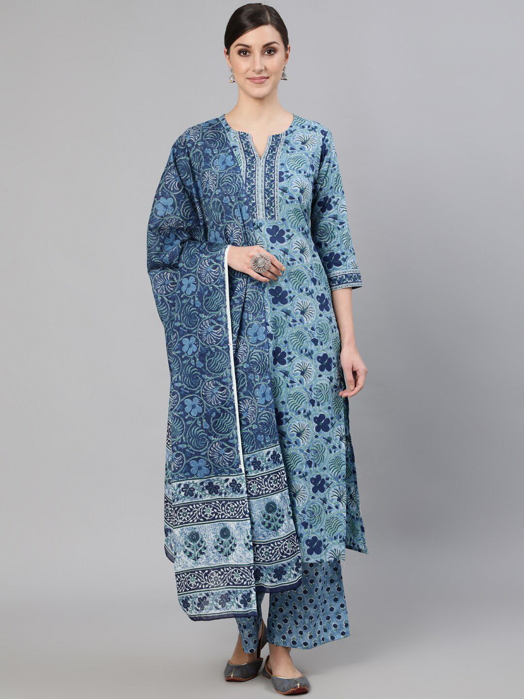 Nayo Women Blue Ethnic Motifs Printed Pure Cotton Kurta with Palazzos & With Dupatta Price in India