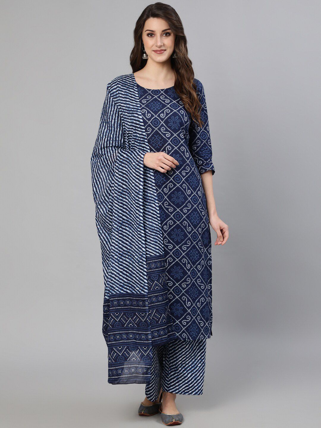 Nayo Women Navy Blue Bandhani Printed Pure Cotton Kurta with Palazzos & With Dupatta Price in India