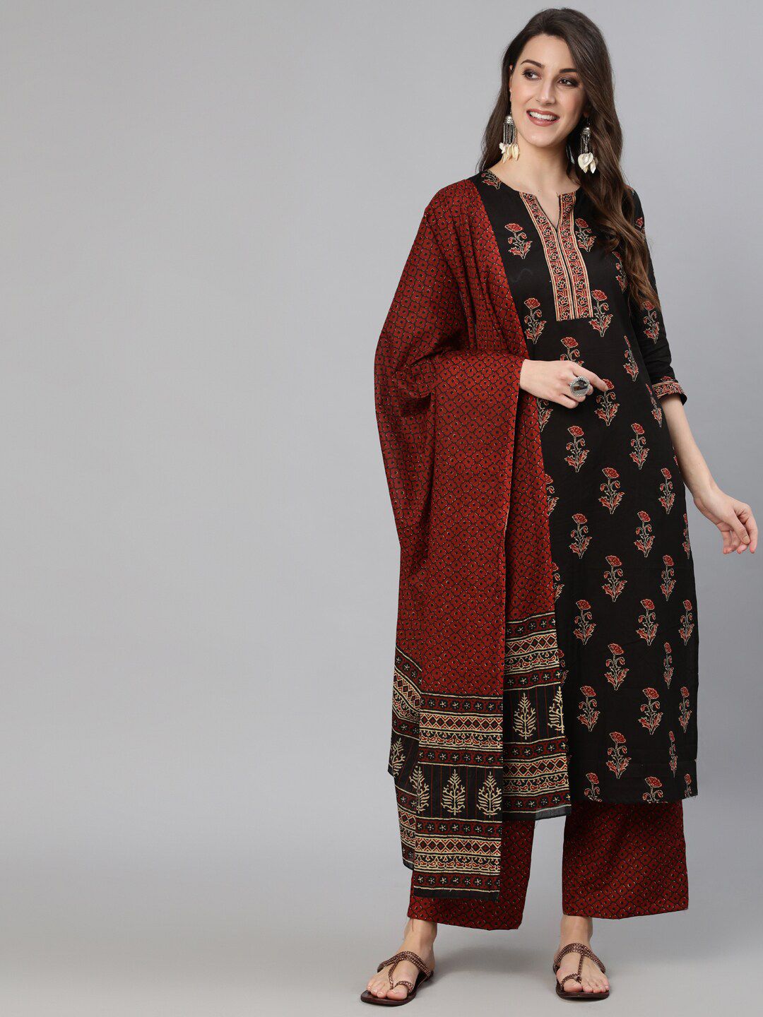 Nayo Women Black Ethnic Motifs Printed Pure Cotton Kurta with Palazzos & With Dupatta Price in India