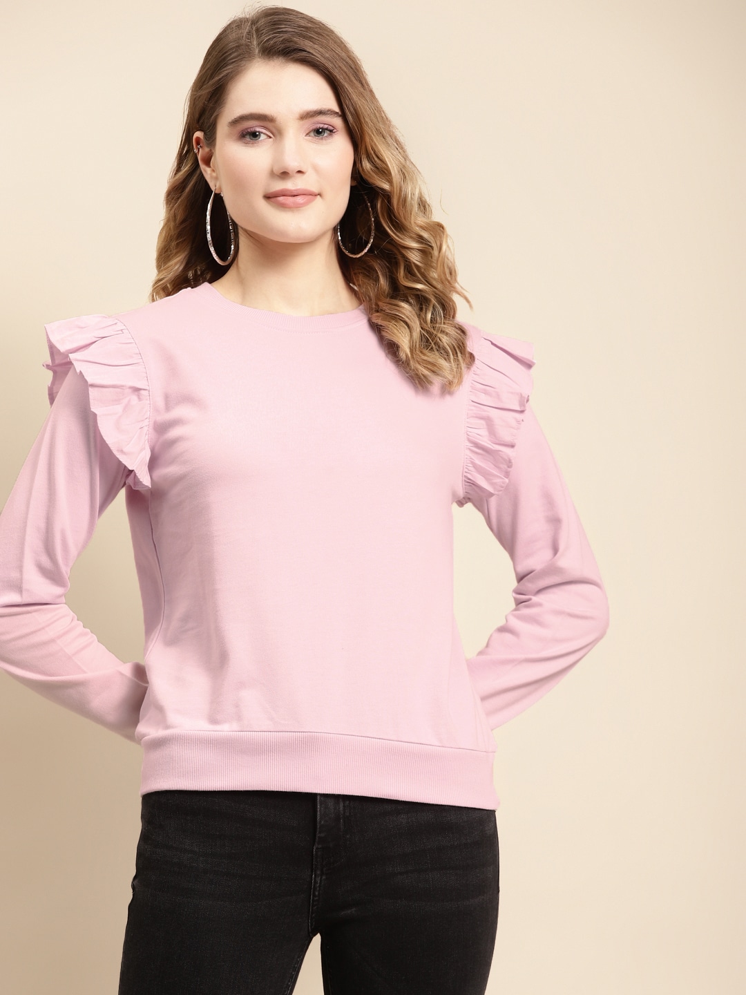 COVER STORY Women Pink Cotton Sweatshirt with Ruffles Detail Price in India