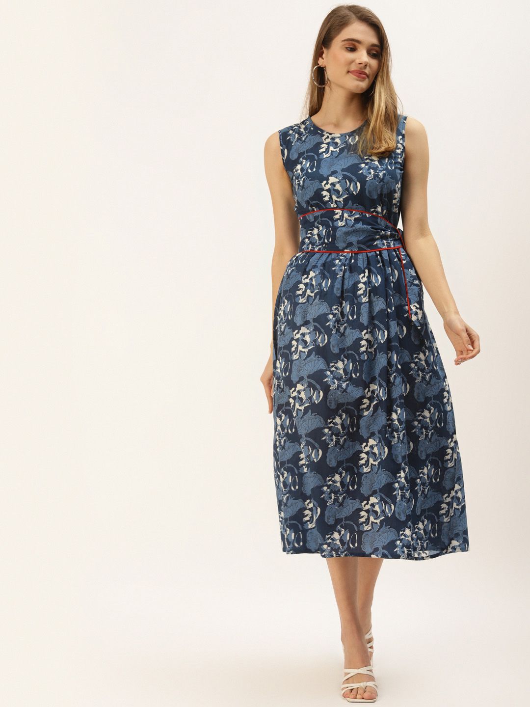 Maaesa Women Blue & White Floral Printed A-Line Midi Dress Price in India