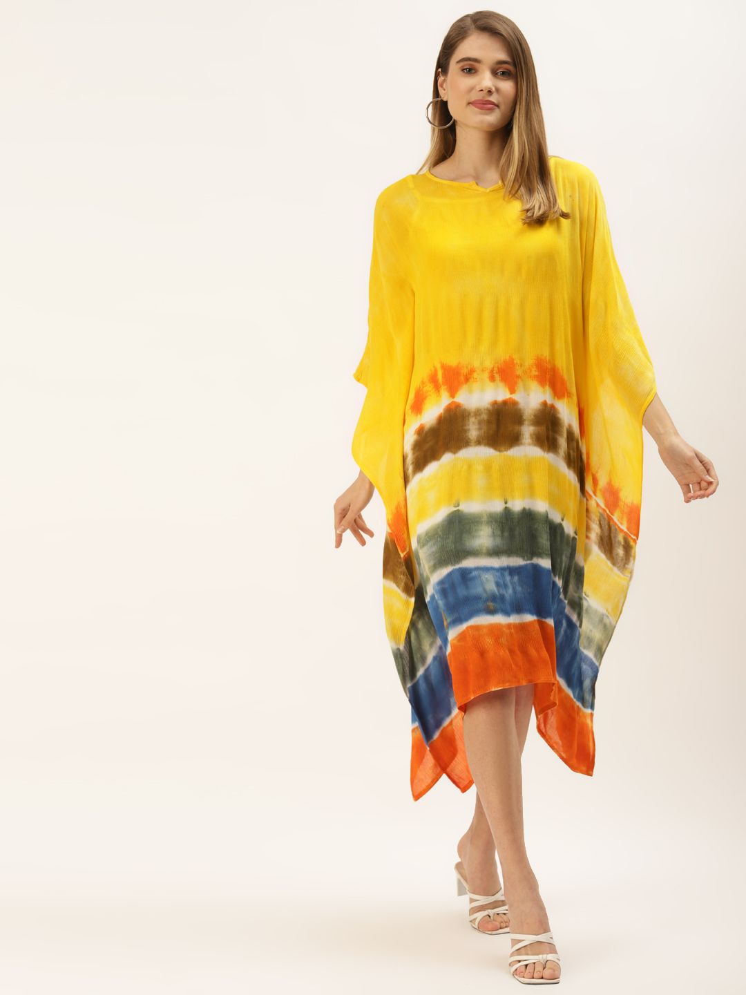 Maaesa Women Yellow & Orange Tie and Dye Kaftan Midi Dress Price in India