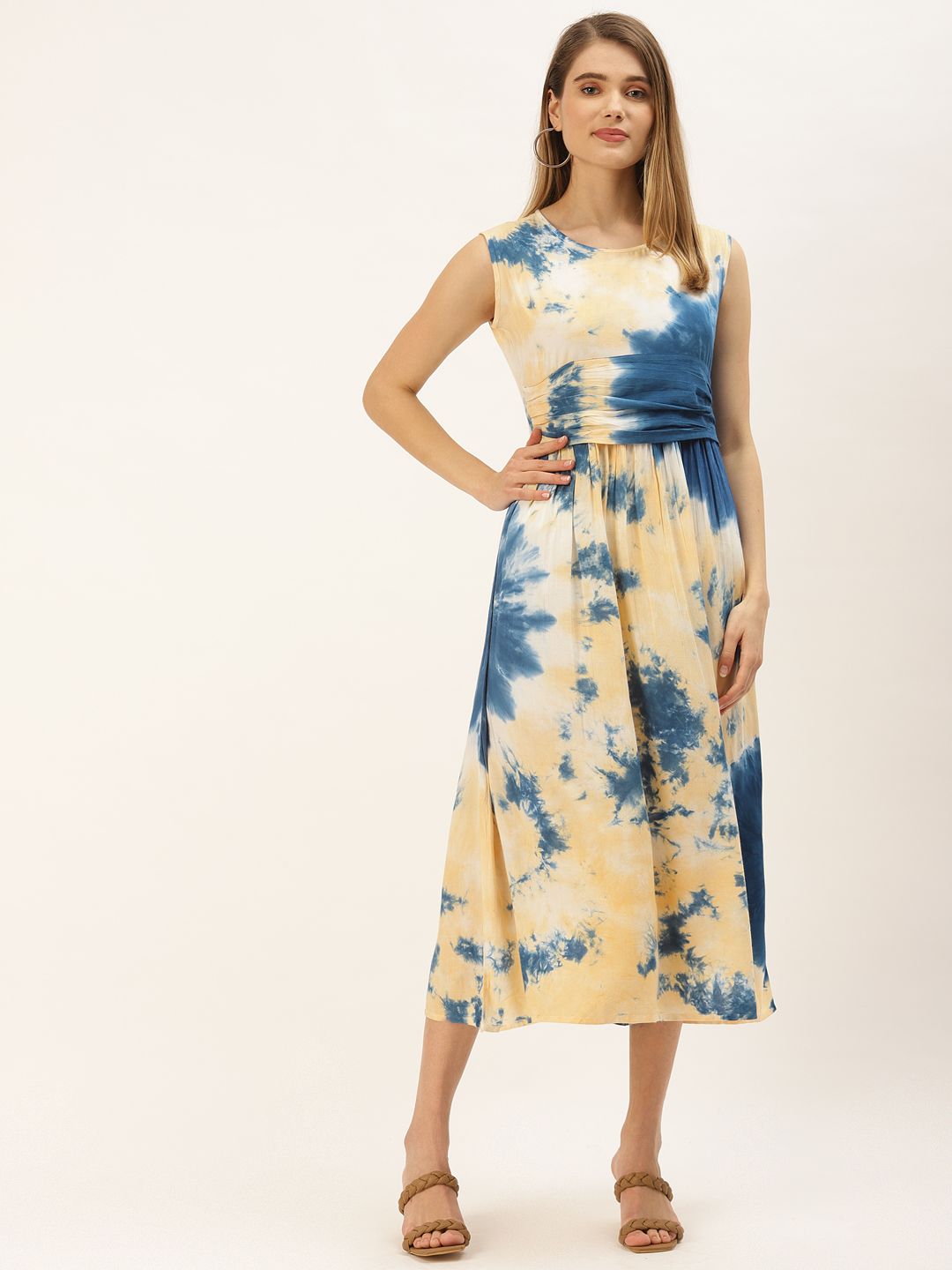 Maaesa Women Yellow & Blue Tie and Dye A-Line Midi Dress Price in India