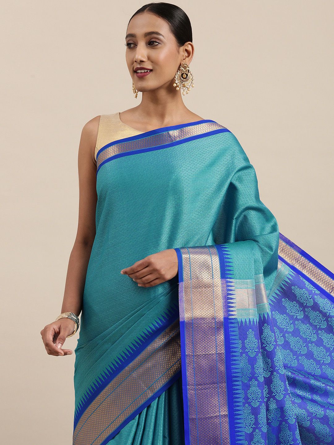 Mitera Blue & Golden Ethnic Motif Woven Design Saree Price in India