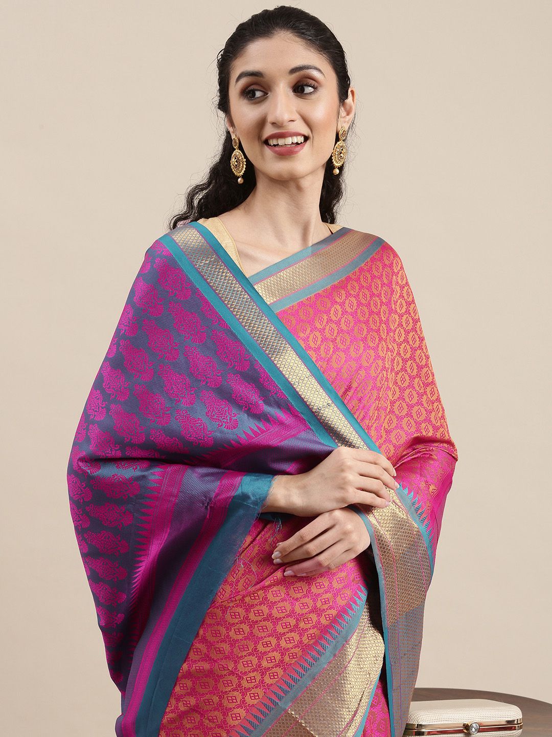 Mitera Pink & Teal Woven Design Zari Silk Cotton Saree with Contrast Border Price in India