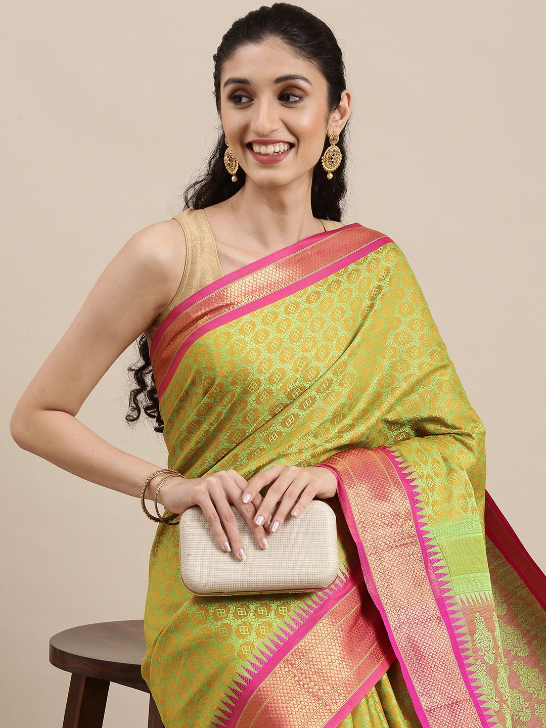 Mitera Green & Magenta Woven Design Zari Silk Cotton Saree with Contrast Border Price in India