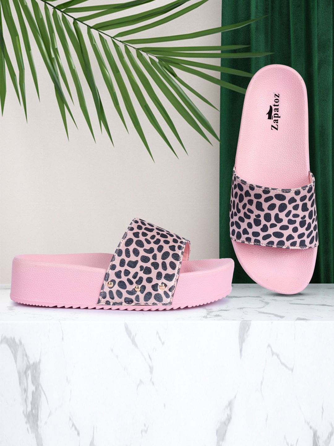 ZAPATOZ Pink & Black Printed PU Flatform Mules Price in India