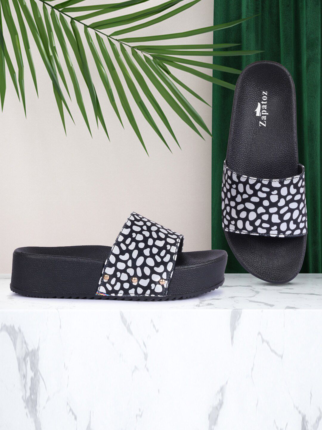 ZAPATOZ Black & White Printed PU Flatform Mules Price in India