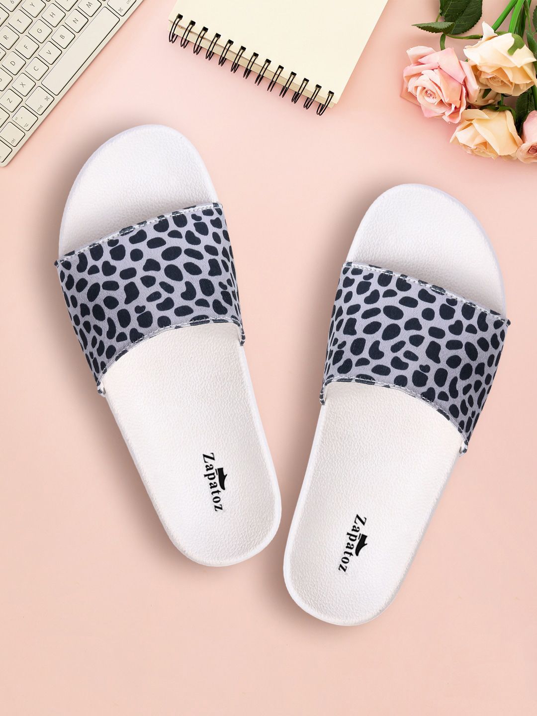 ZAPATOZ White & Black Printed PU Flatform Mules Price in India