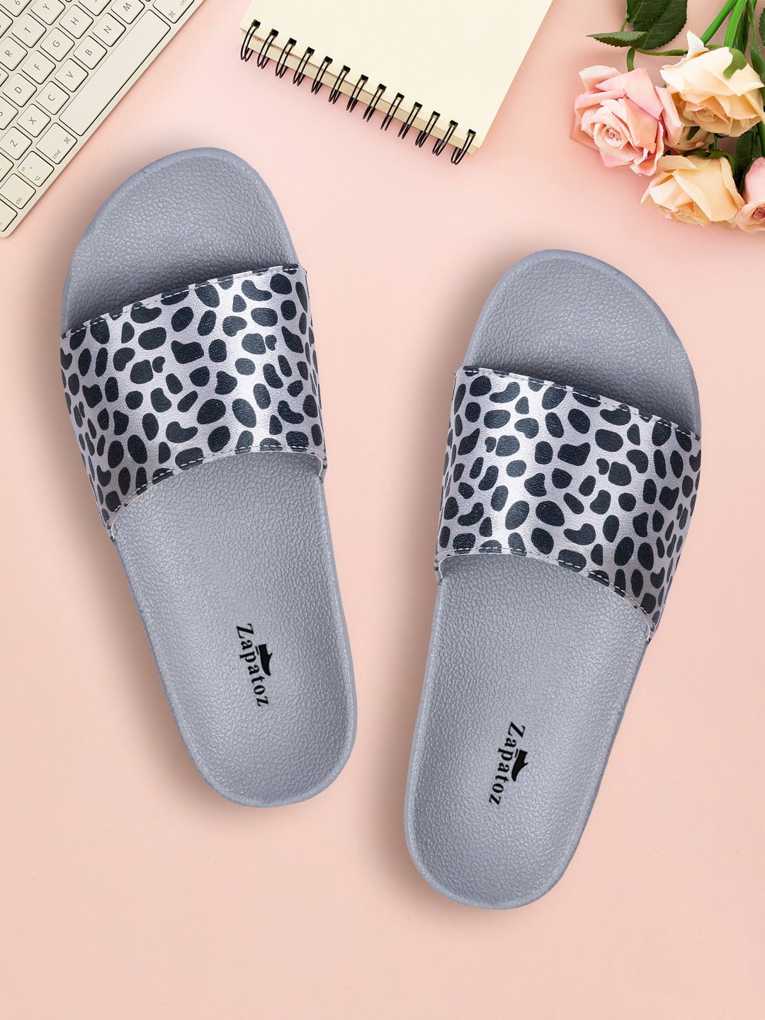 ZAPATOZ Grey & Black Printed PU Flatform Mules Price in India