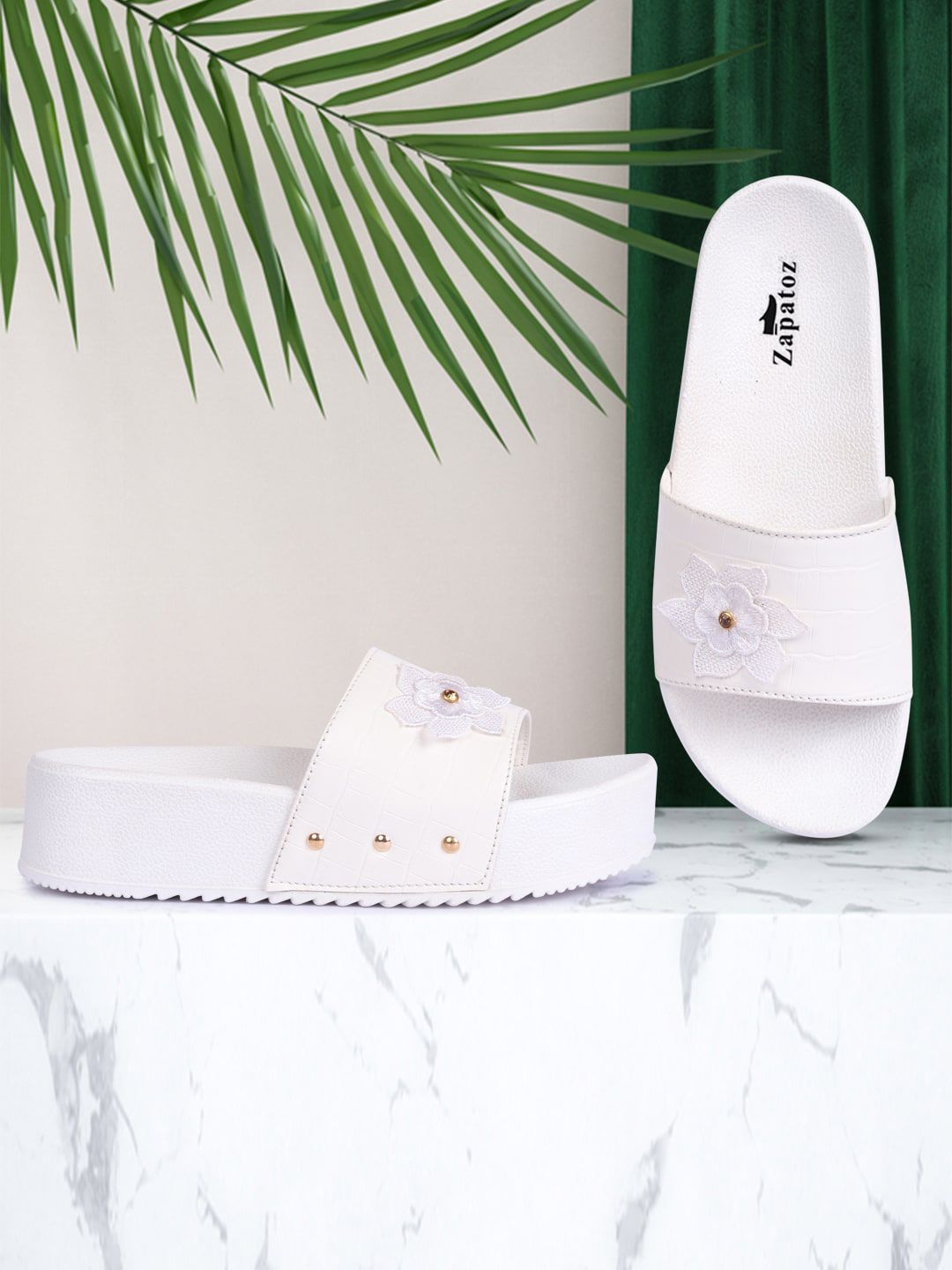 ZAPATOZ White Textured PU Flatform Mules Price in India