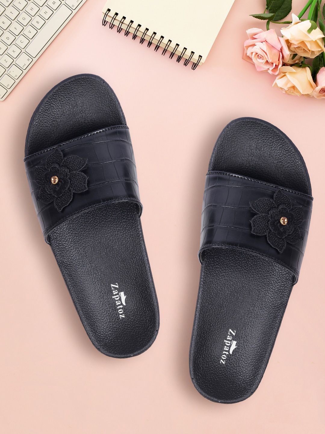 ZAPATOZ Black Textured PU Flatform Mules Price in India