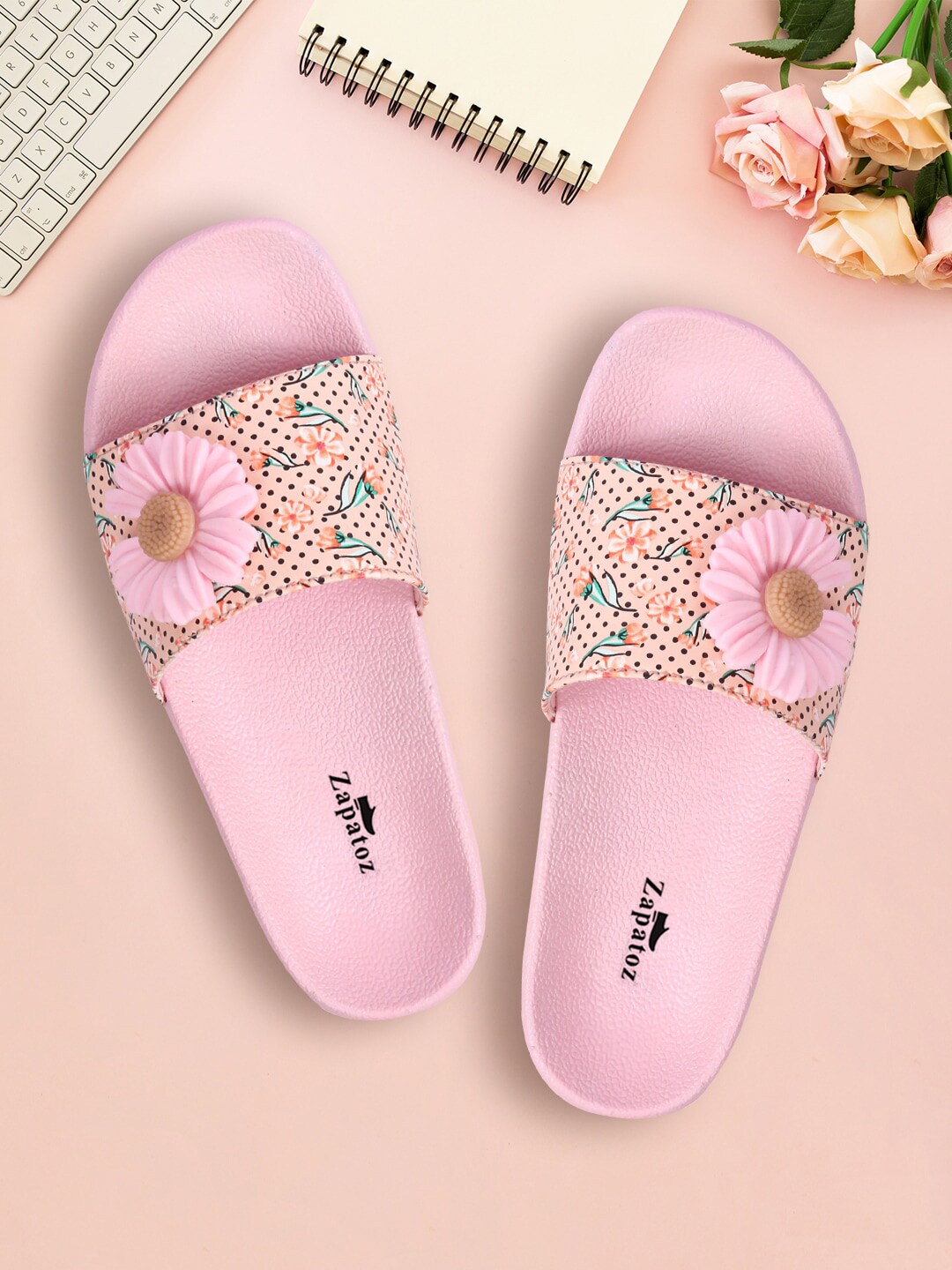 ZAPATOZ Women Pink & Orange Printed Flatform Sandals Price in India