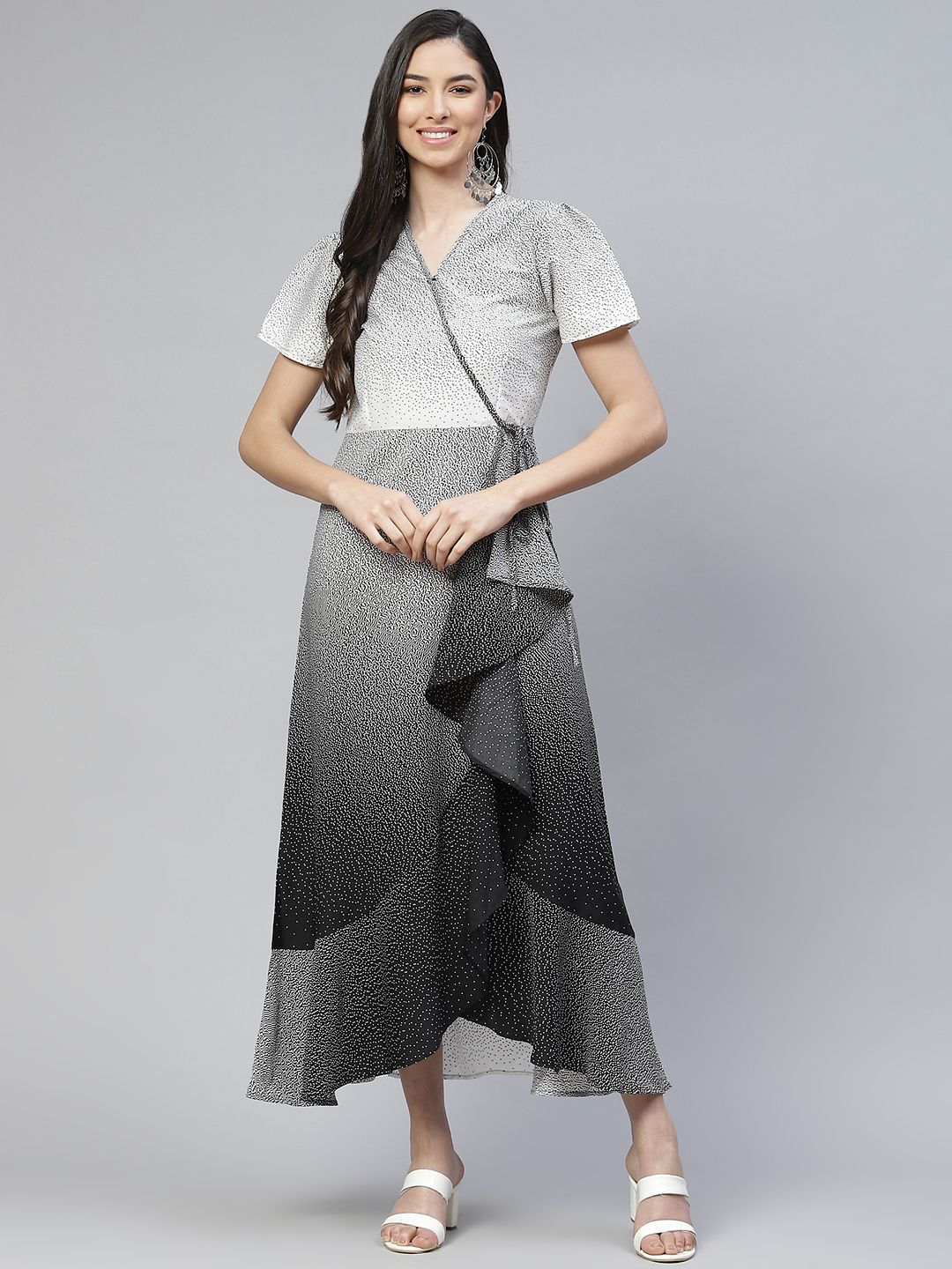Cottinfab White & Black Ditsy Geometric Print A-Line Midi Dress Price in India