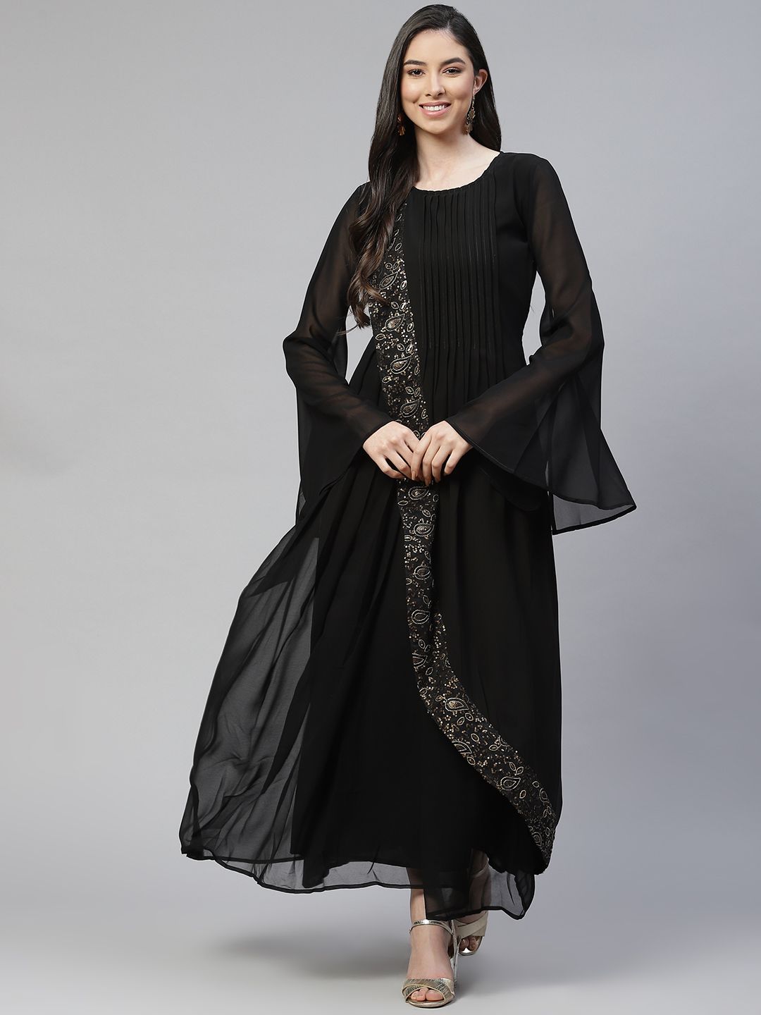 Cottinfab Black Ethnic Motifs Sequined A-Line Maxi Dress with Bell Sleeves Price in India