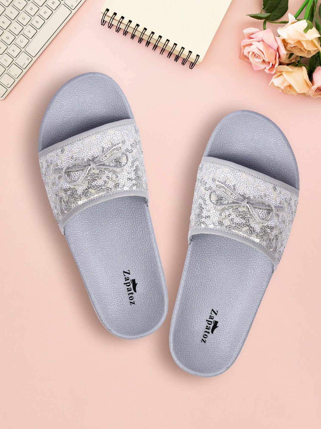 ZAPATOZ Grey Embellished PU Comfort Heels Price in India