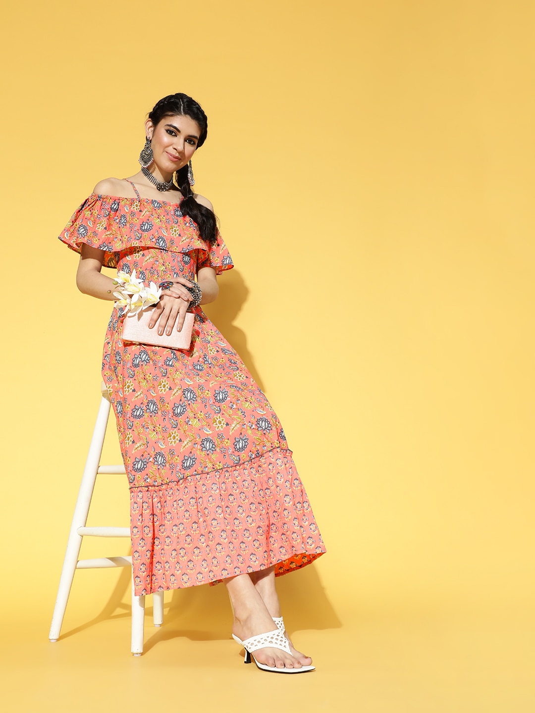 Yufta Women Attractive Peach Floral Swirling Volume Dress Price in India