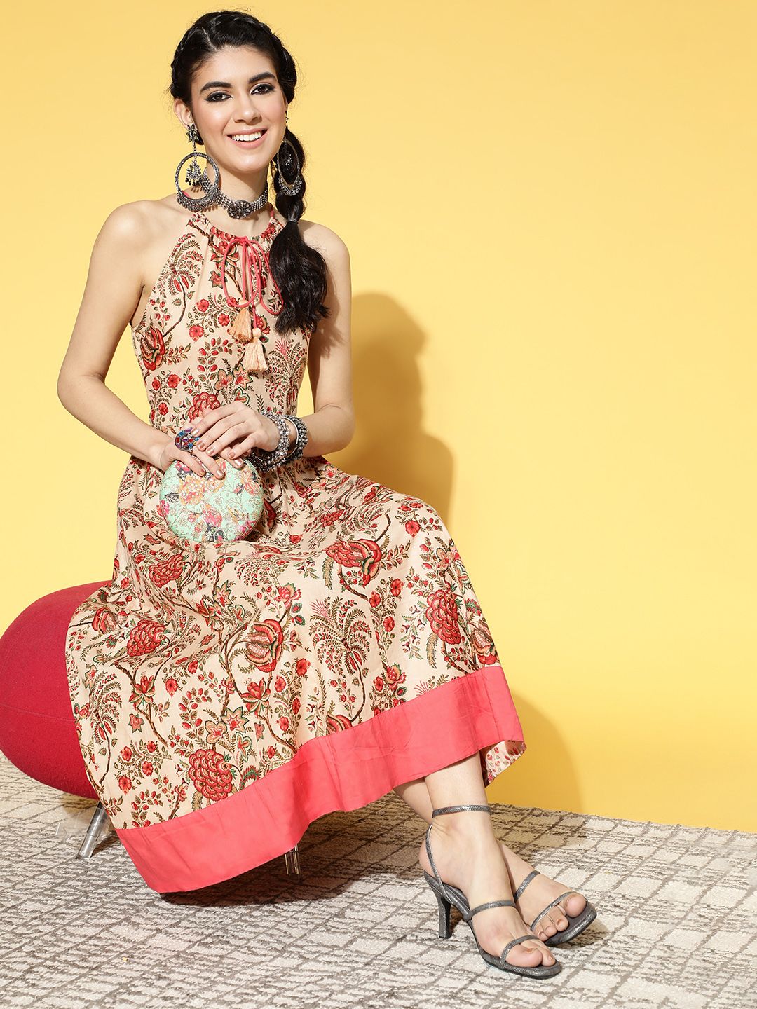 Yufta Women Classy Beige Floral Swirling Volume Dress Price in India