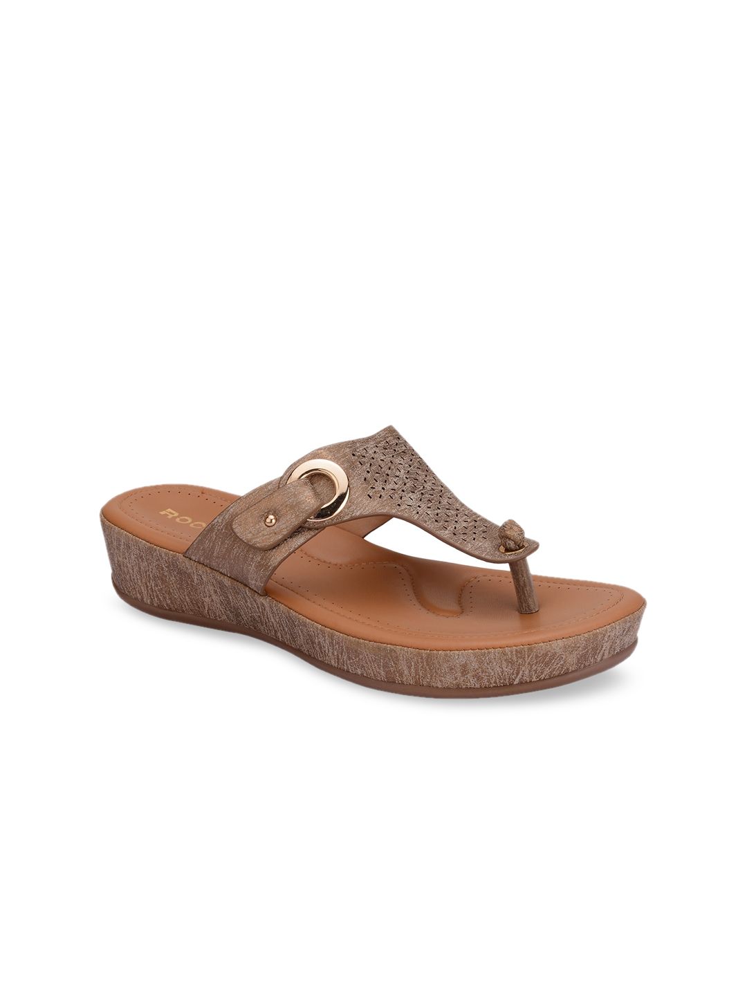 Rocia Women Brown Textured T-Strap Flats Price in India