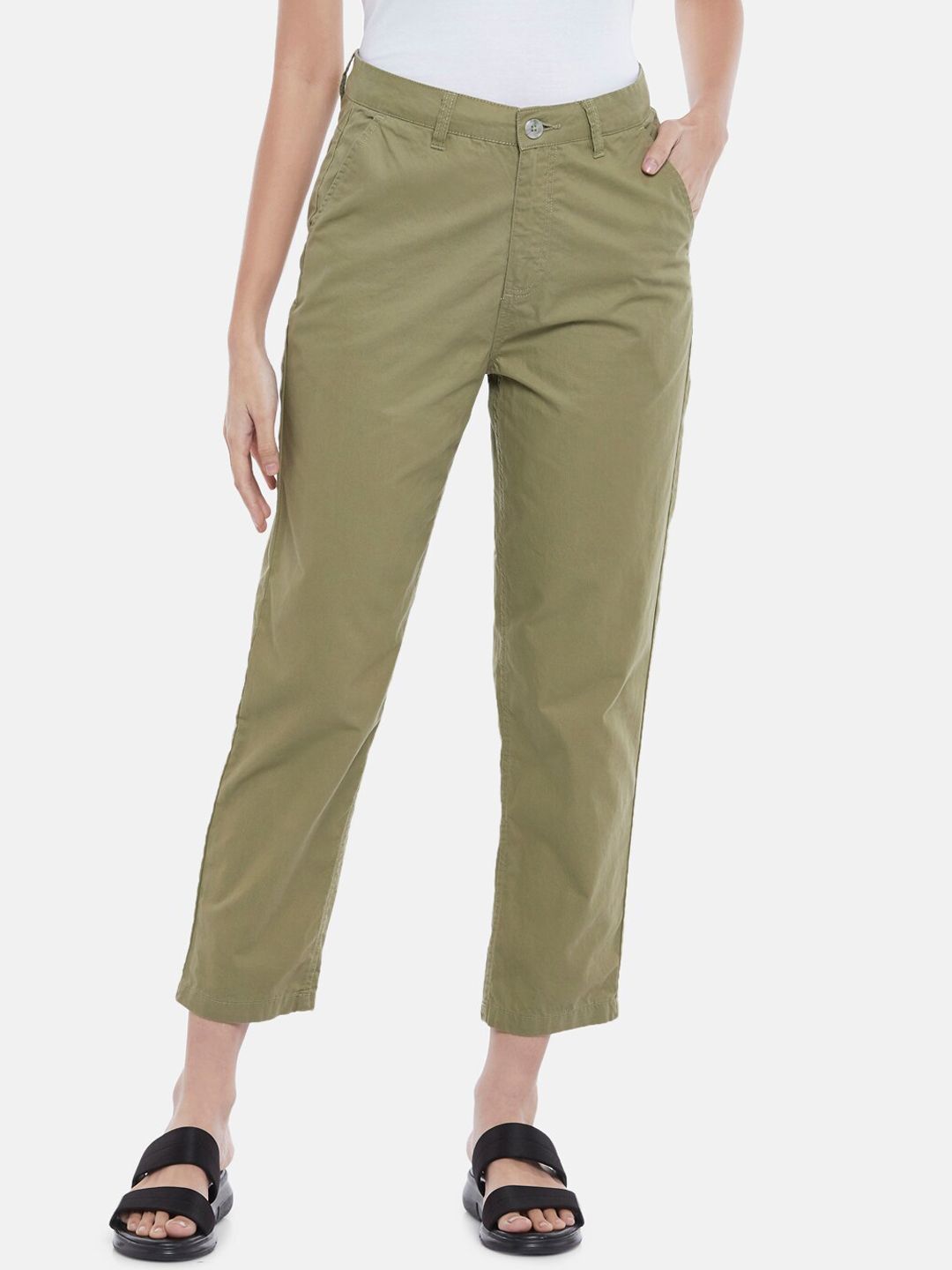 Honey by Pantaloons Women Olive Green Regular Fit Pure Cotton Trousers Price in India