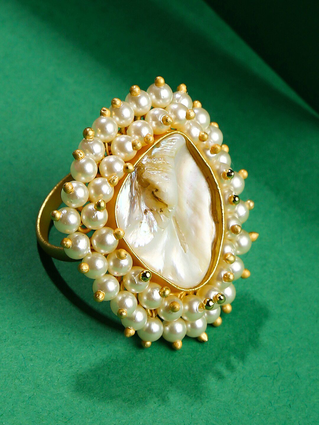 SOHI Gold-Toned White Pearl Beaded Jadau Finger Ring Price in India