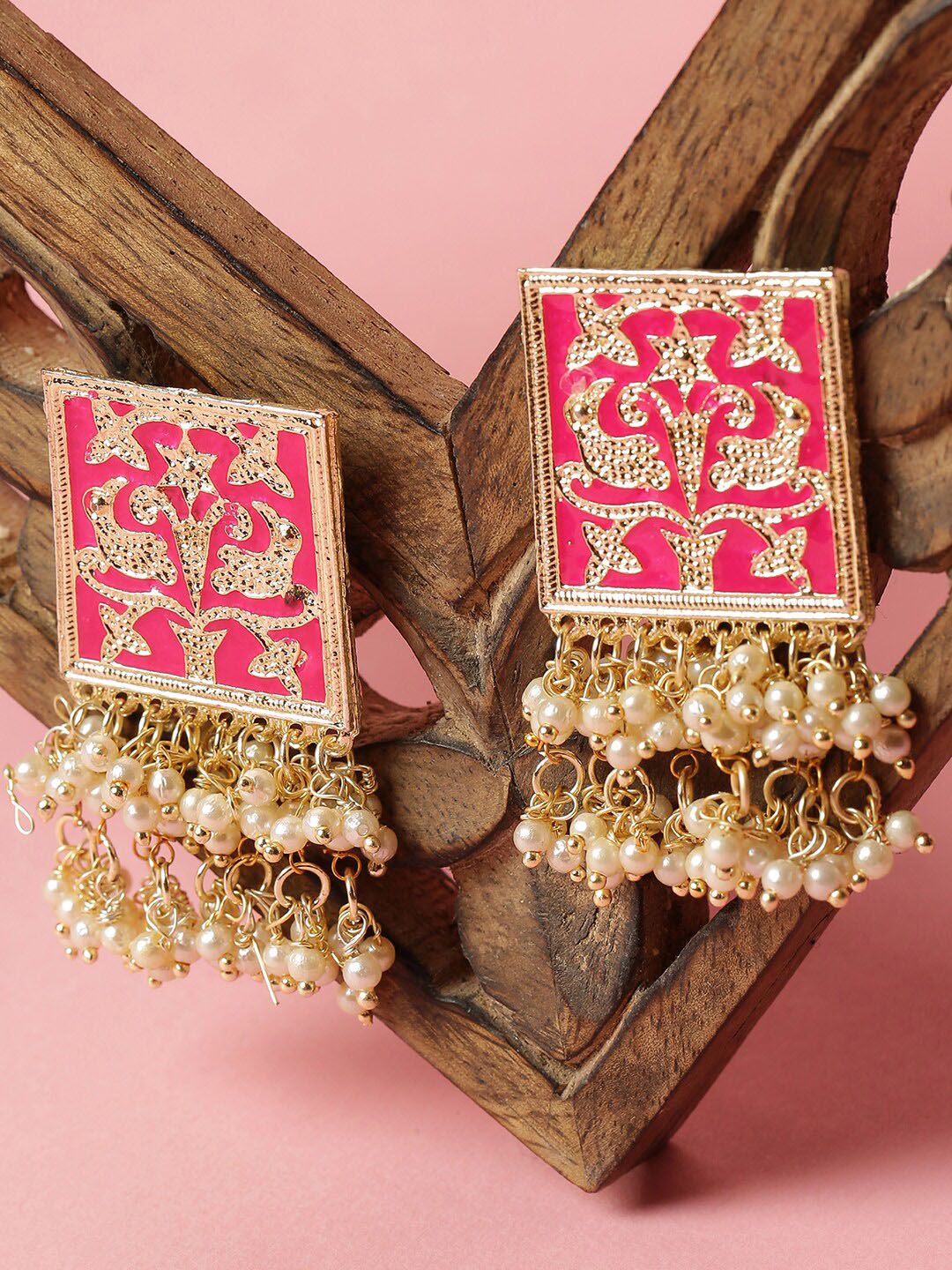 SOHI Pink & Gold-Plated Meenakari Pearl Contemporary Studs Earrings Price in India