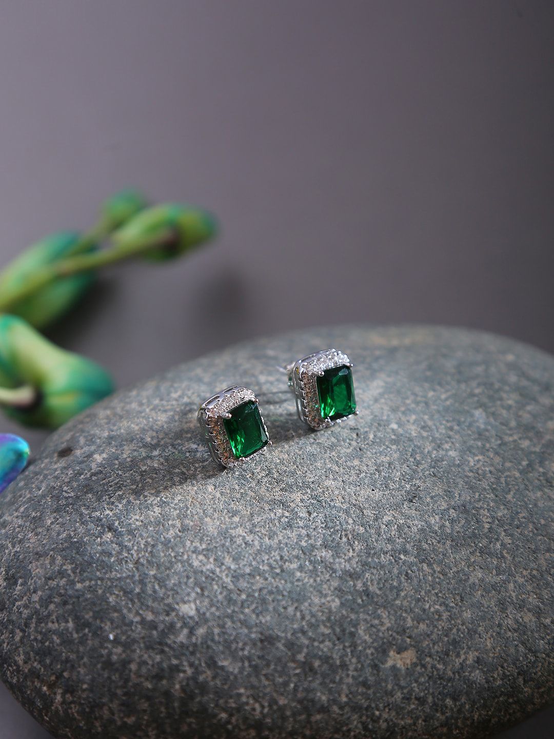 SOHI Green & Silver-Toned Contemporary Studs Earrings Price in India