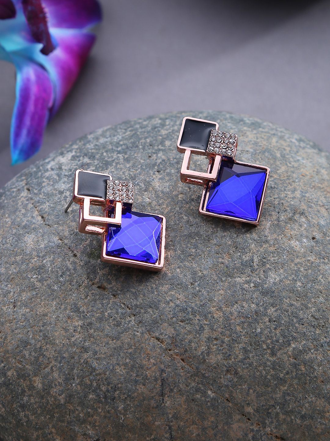 SOHI Blue & Rose Gold Contemporary Drop Earrings Price in India