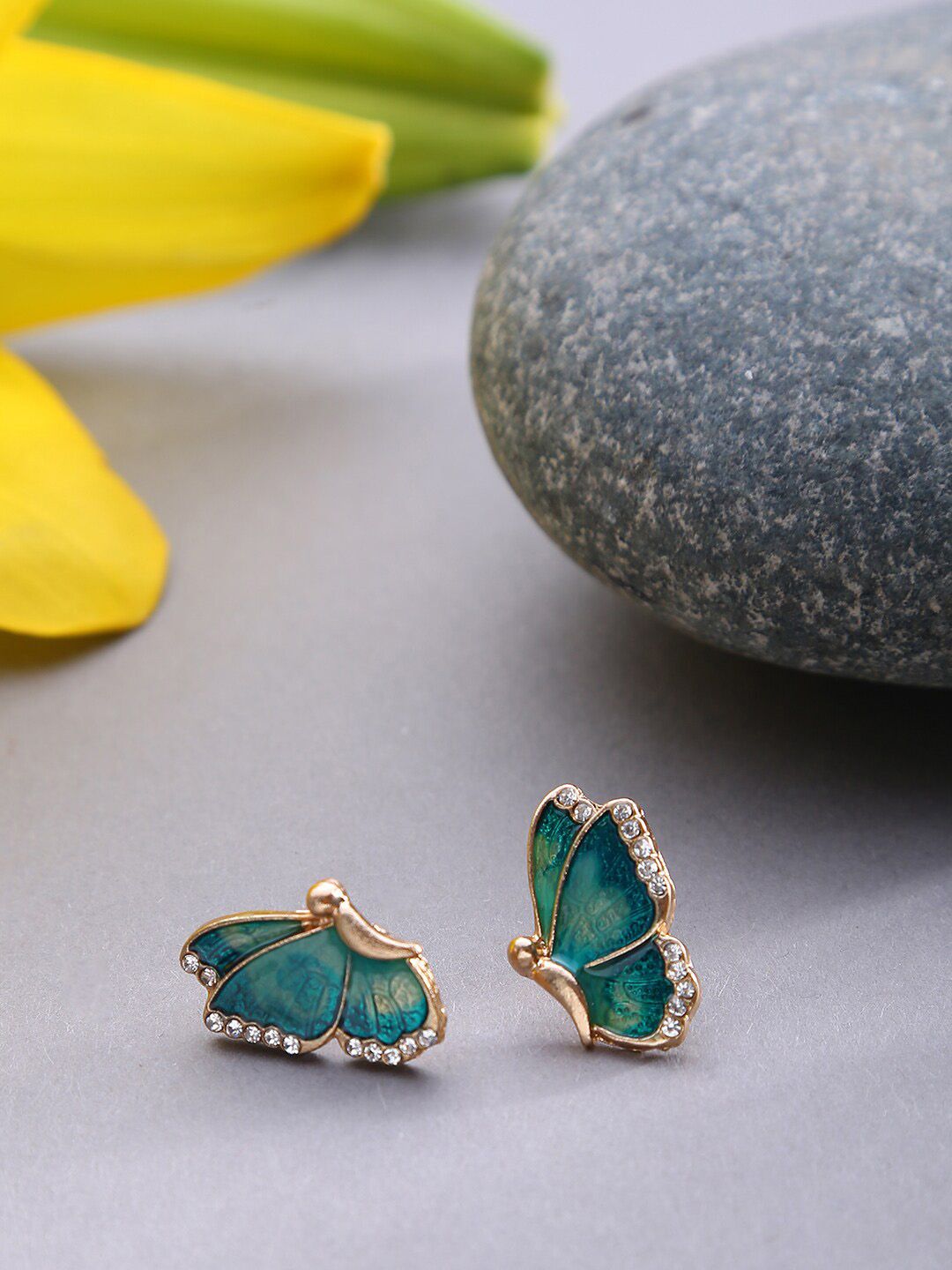 SOHI Green & Gold-Plated Butterfly Enamelled Contemporary Studs Earrings Price in India