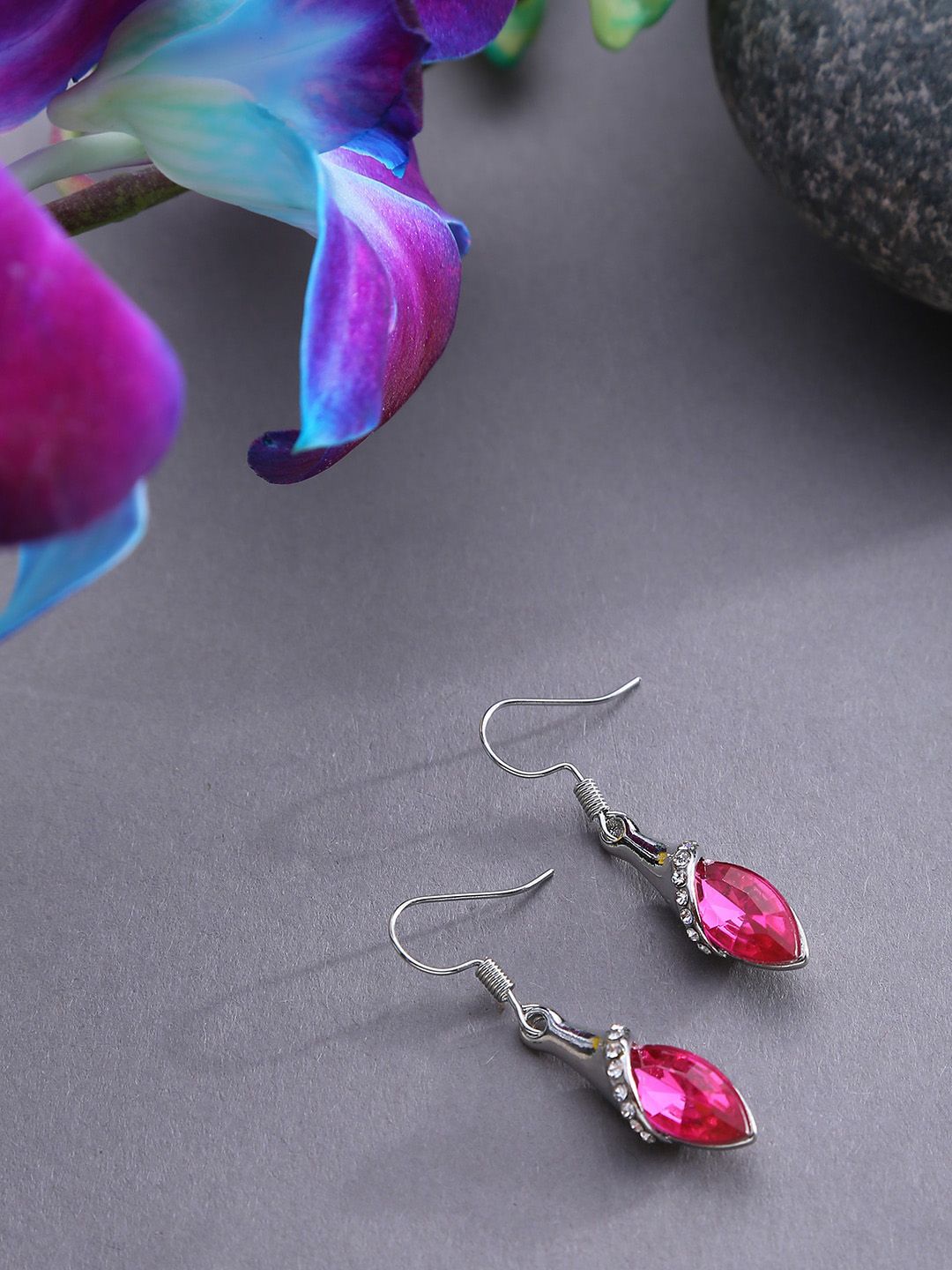 SOHI Pink & Silver-Toned Studded Leaf Shaped Drop Earrings Price in India