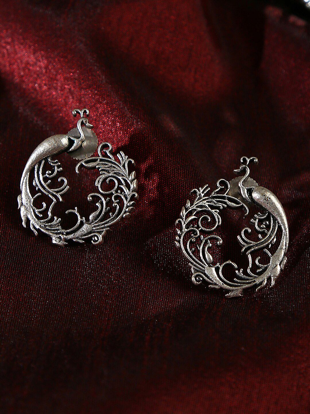 SOHI Silver-Toned Peacock Shaped Oxidised Stud Earrings Price in India