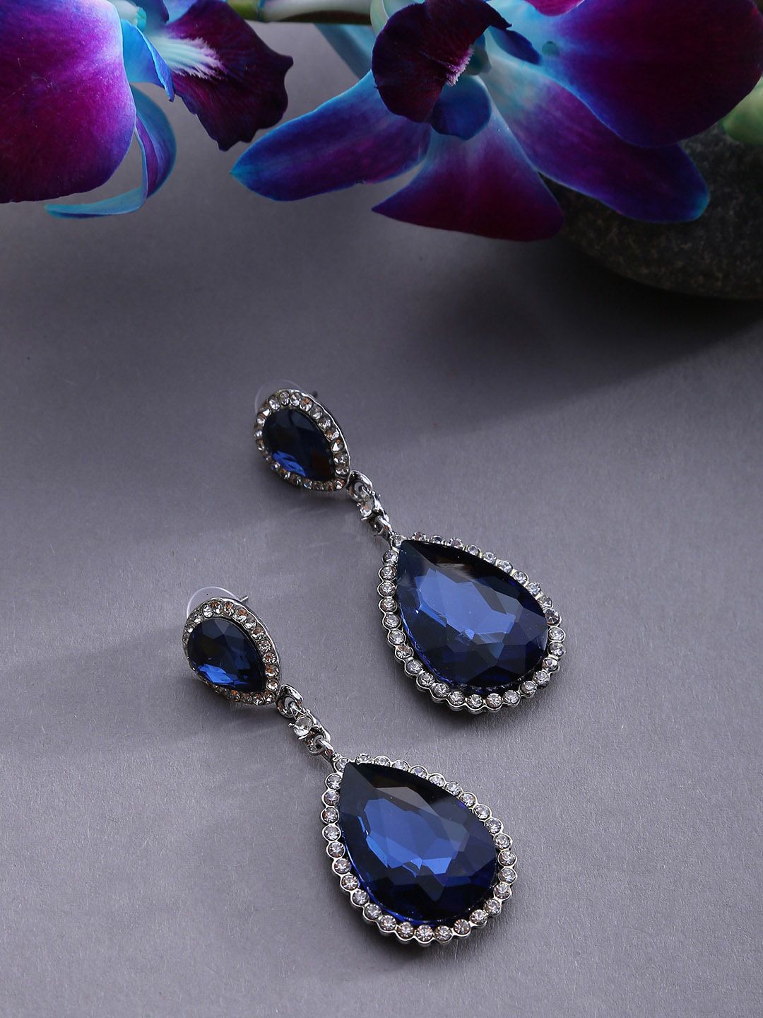 SOHI Navy Blue & Silver Toned Teardrop Shaped Drop Earrings Price in India