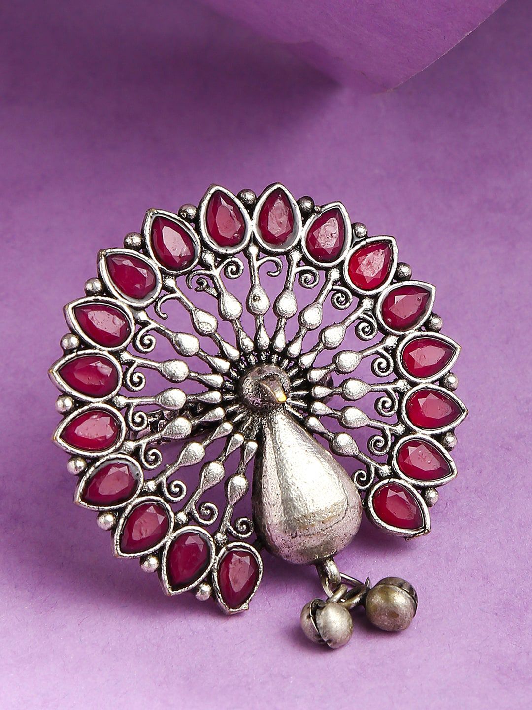 SOHI Women Silver-Plated & Red Stone Studded Peacock Ring Price in India