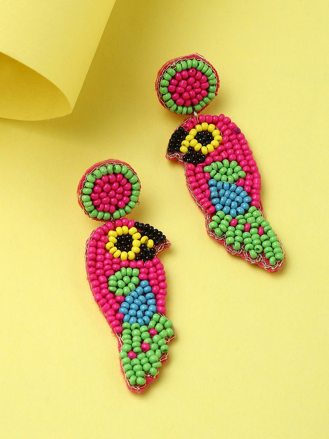 SOHI Pink & Green Parrot Shaped Beaded Designer Drop Earrings Price in India