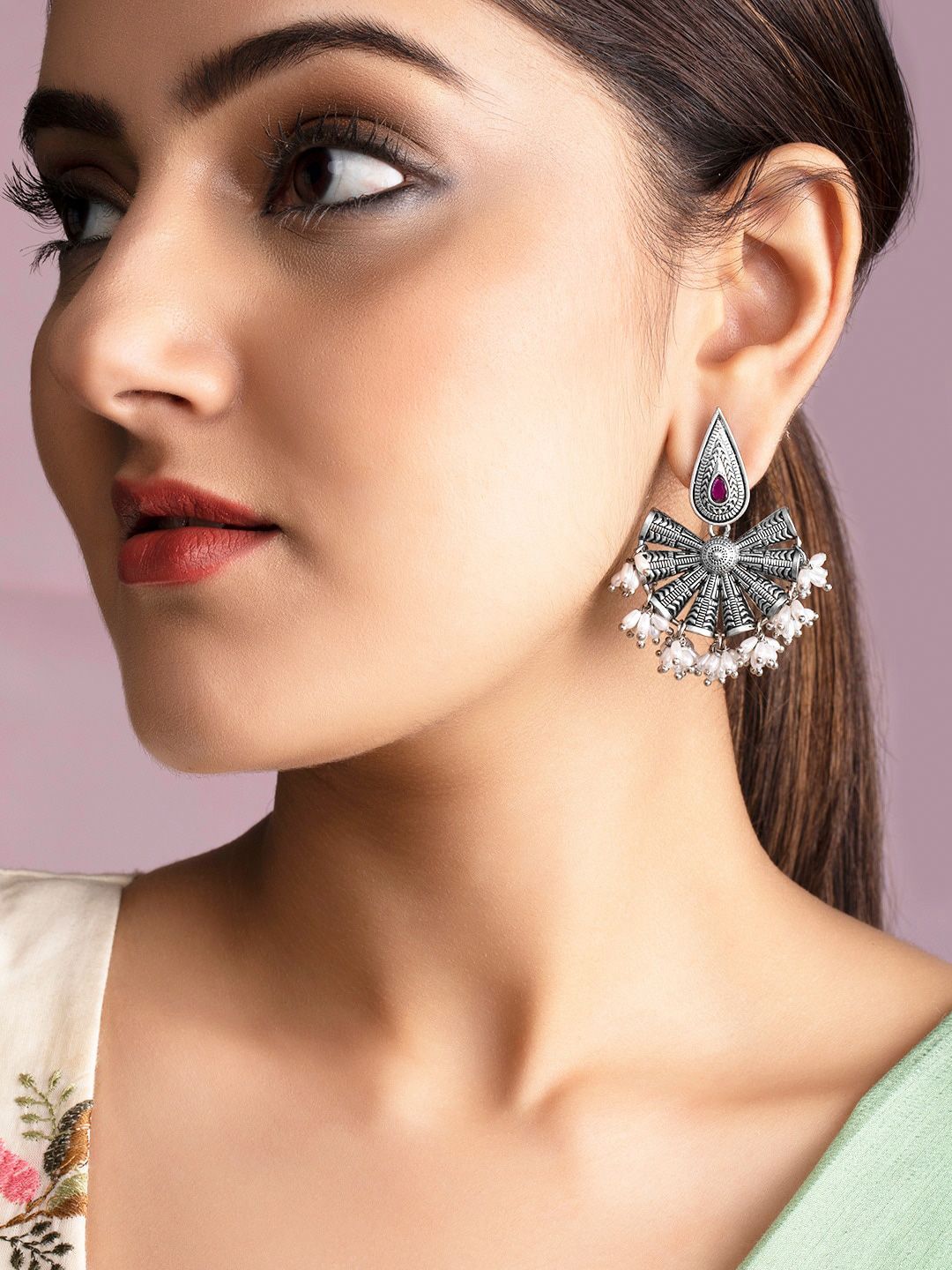 Rubans Silver-Toned & White Crescent Shaped Drop Earrings Price in India