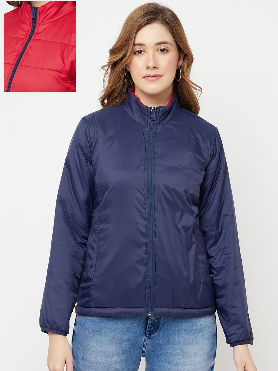 Crimsoune Club Women Red & Navy Blue Solid Reversible Padded Jacket Price in India