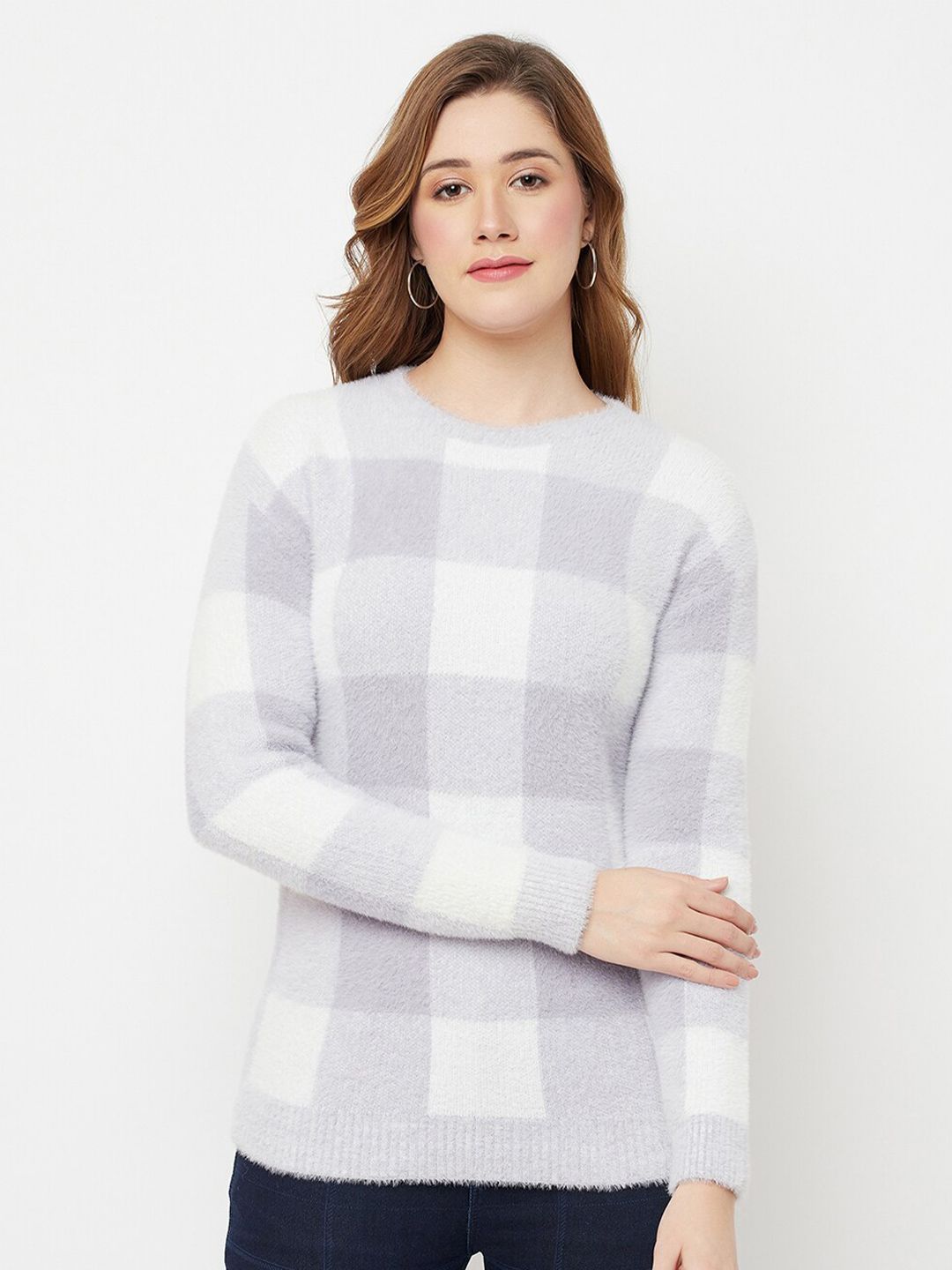 Crimsoune Club Women White & Grey Checked Pullover Price in India