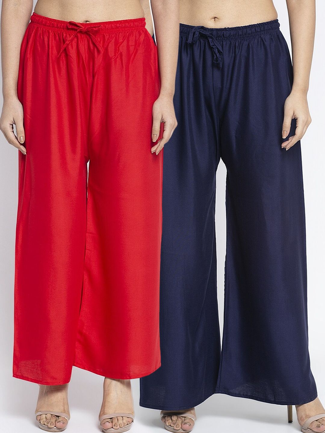 Jinfo Women Red & Navy Blue Pack Of 2 Flared Ethnic Palazzos Price in India