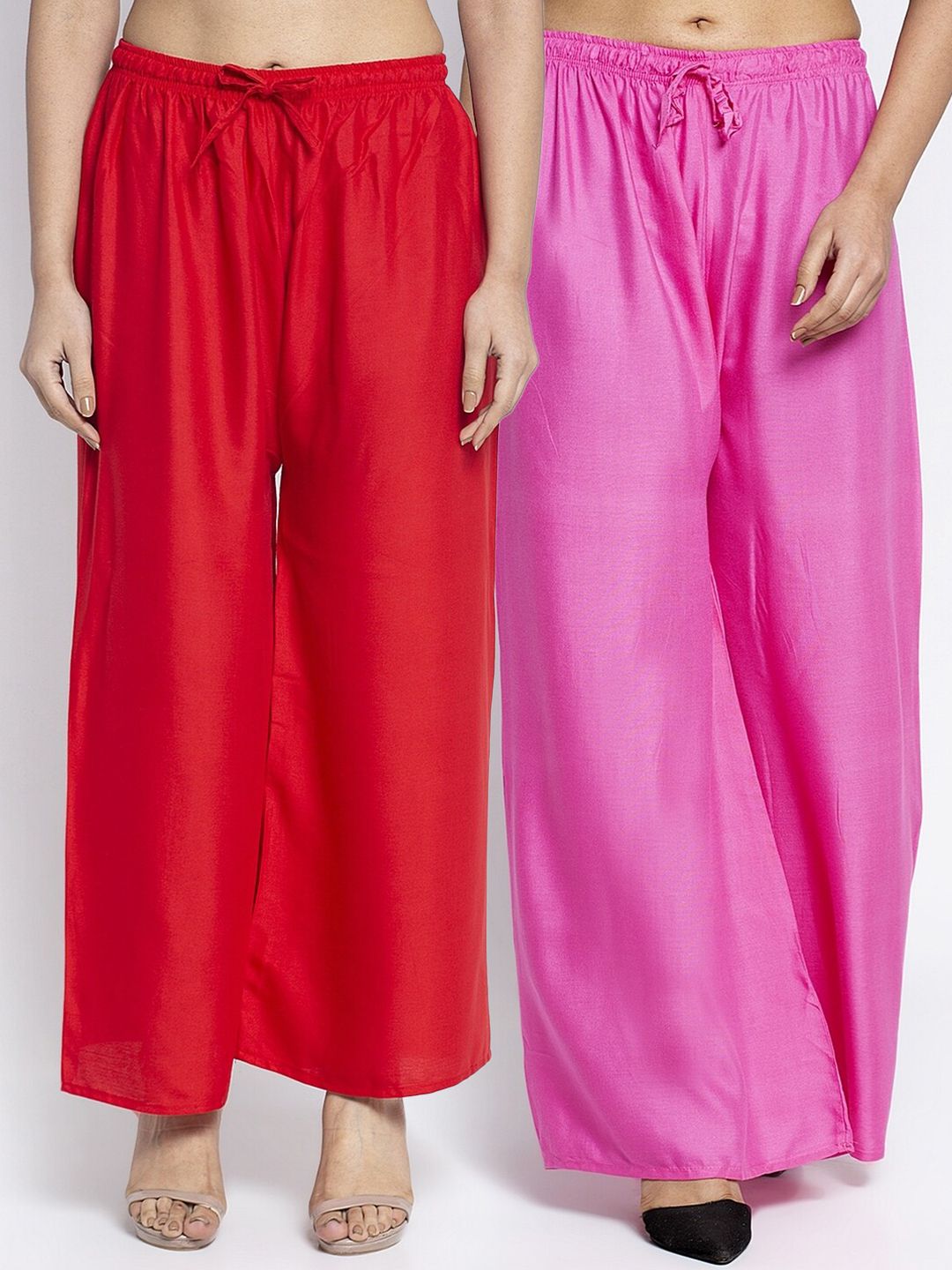 Jinfo Women Red & Pink Set of 2 Flared Knitted Ethnic Palazzos Price in India