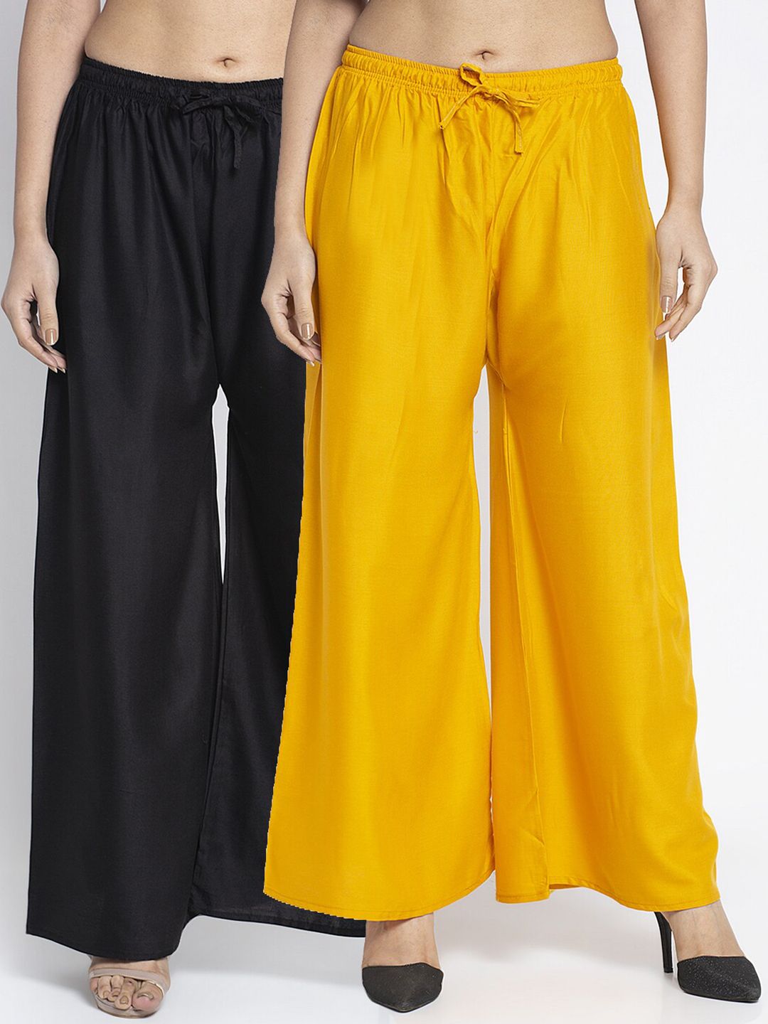 Jinfo Women Black & Yellow Set Of 2 Solid Straight Fit Palazzo Price in India