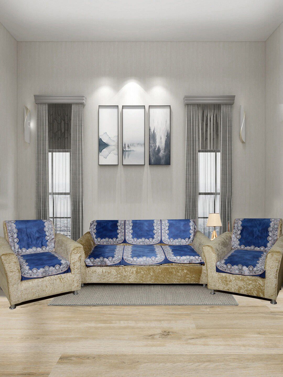 BELLA TRUE Blue Printed 5-Seater Sofa Cover Price in India