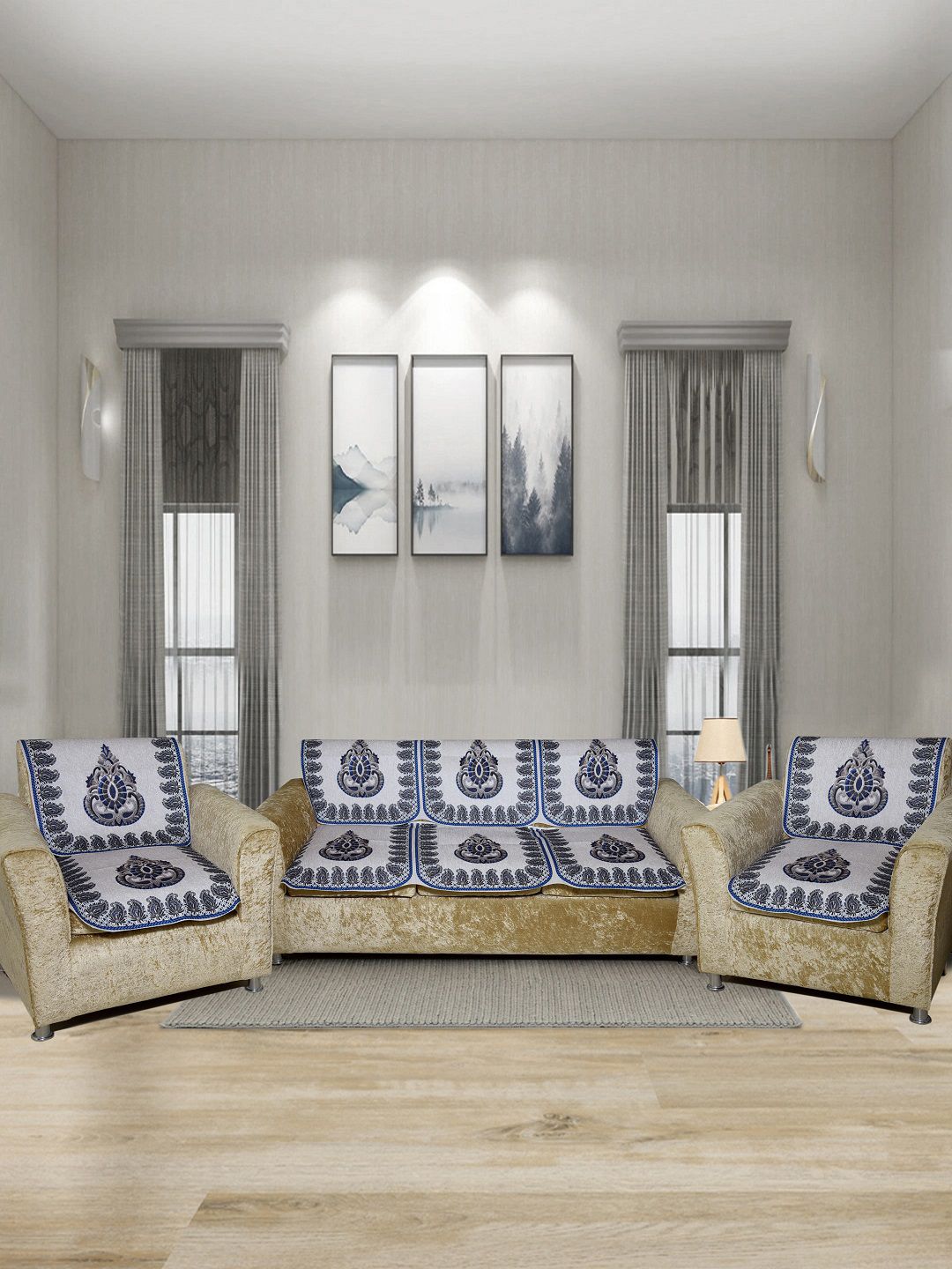BELLA TRUE Blue & White Ethnic Motifs Digital Printed 5 Seater Sofa Covers Price in India